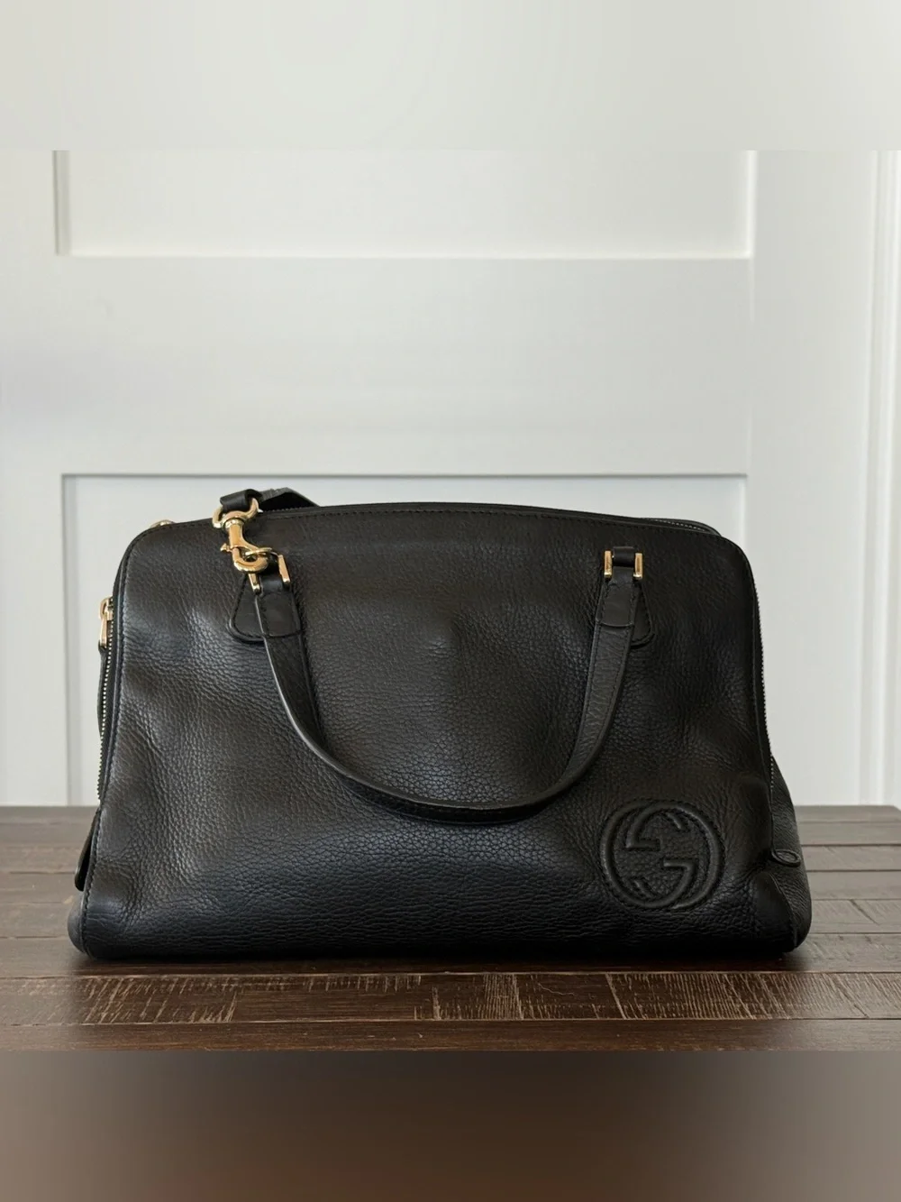 Gucci Black Pebbled Leather Duffel with Gold-Tone Hardware